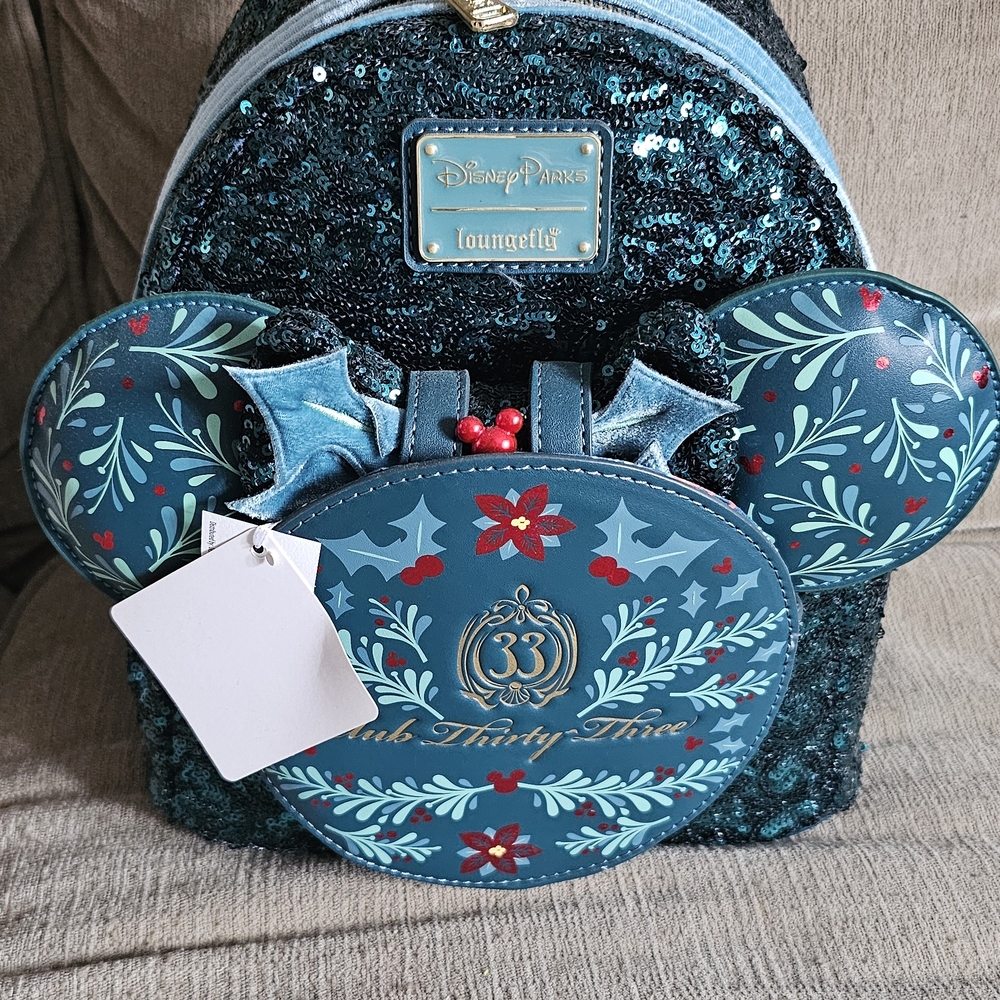 Green Holiday Sequin Disney Club 33 Loungefly Mini Backpack and Ears Set NWT